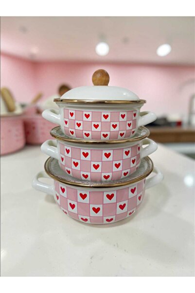 Emparlahome Enamel 3-Piece Cooking and Storage Pot Set Heart Pink (12Cm-14Cm-...