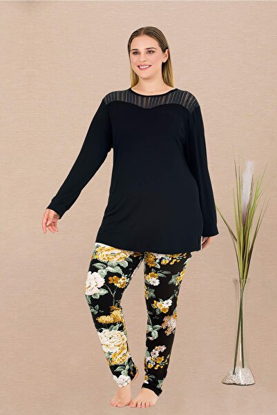 by İGP Black Plus Size Long Sleeve Long Tunic Pajama Set