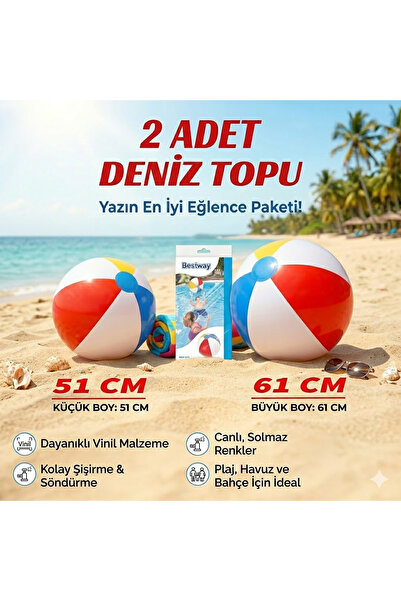 direkstoktan 2 Adet Deniz ve Havuz Topu 51 ve 61 cm Çaplarında - Bestvay Glos...