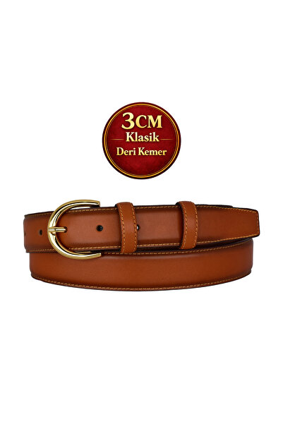 GoDeri Γνήσιο Δέρμα , 3 εκ. Χρυσό Χρώμα Με αγκράφα , Ταν, Ραμμένο Κλασικό Γυν...