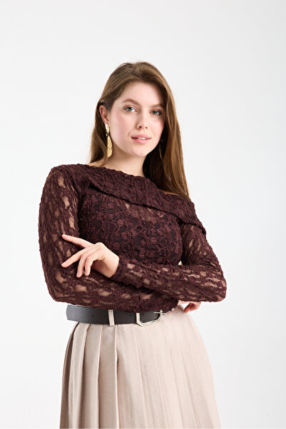 sumoda Γυναικεία μπλούζα Λεπτομέρεια στους ώμους ελαστικό ύφασμα Δαντέλα