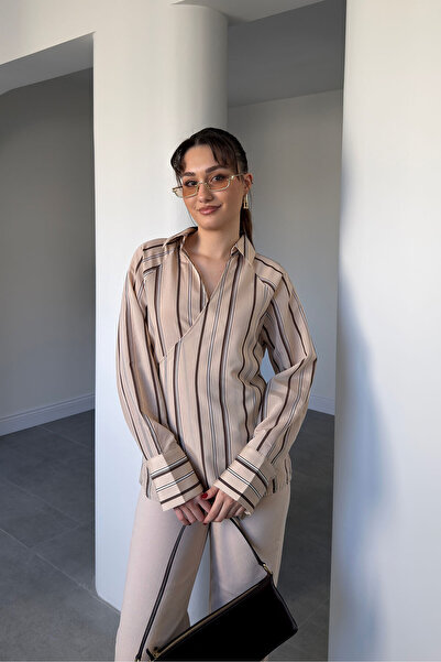 MAGARDE Dvoredno kopčanje Premium Prugasto Košulja - BEŽ