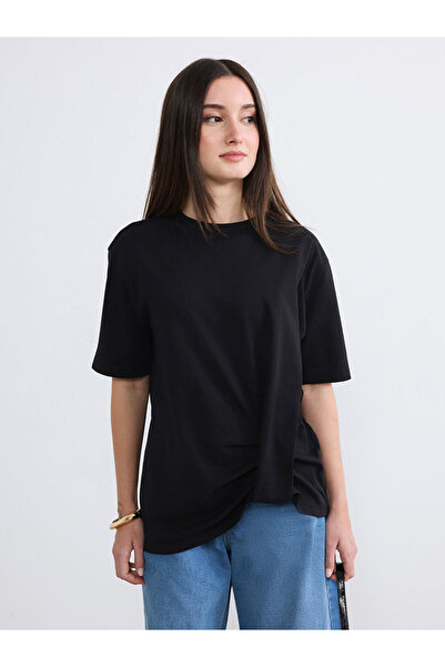 LC Waikiki Soulife Black Petite Crew Neck Ruched Detail Blouse