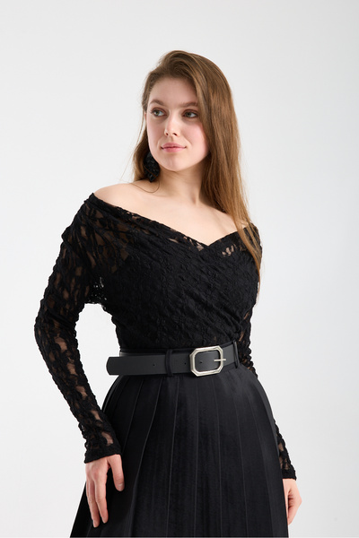 sumoda kadın Kruvaze Büzgülü Likralı Dantelli Bluz