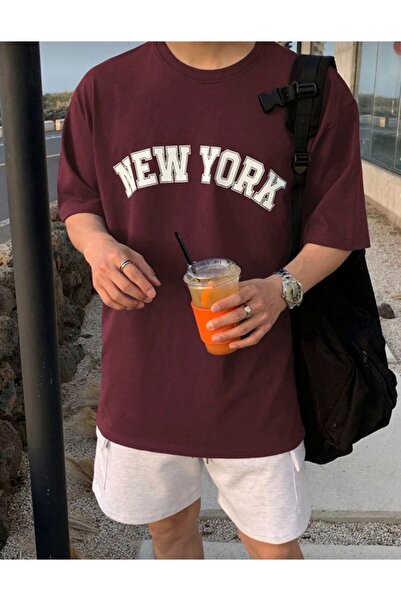 trendgar Unisex Newyork Štampano Claret Red Oversize kroj majica