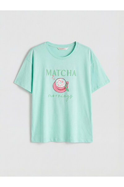 LC Waikiki Γυναικείο σετ πιτζάμες με σορτς Turquoise Crew Neck με τύπωμα