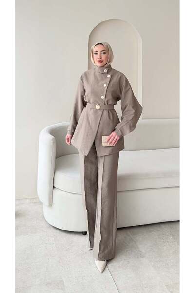 Miraydın Butik طقم هير مرصّع بالأحجار مع بنطلون بأربطة - بيج