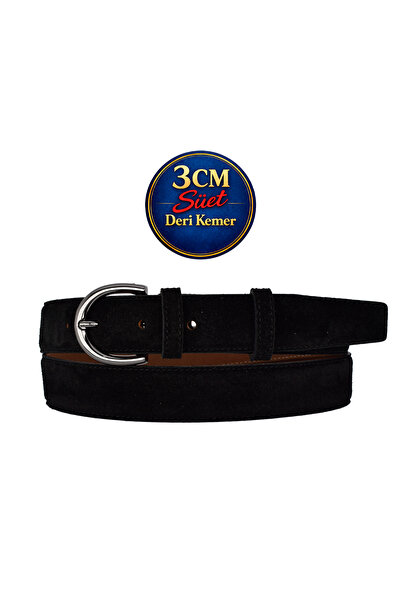 GoDeri Естествена кожа, 3 см черна никелова катарама, черна велур, шев, класи...