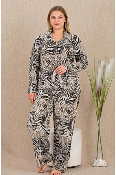 by İGP Black Women's Plus Size Buttoned Pajama Set, Belmando Woven Viscose Fa...
