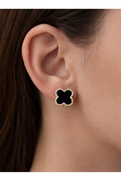 Takistan Siyah Taşlı Yonca Model Küpe