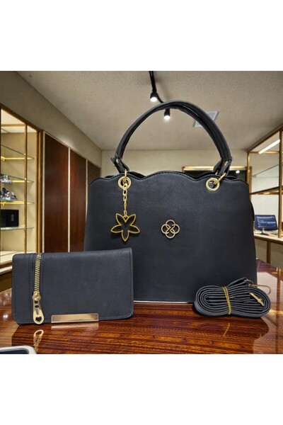 ZİVORA Комплект дамска чанта за ръка и рамо Black Gold – с портмоне, ремък, с...