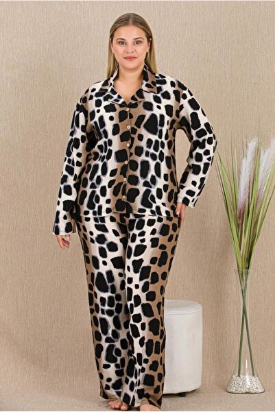 by İGP Patterned Plus Size Button-Front Long Sleeve Woven Pajama Sets