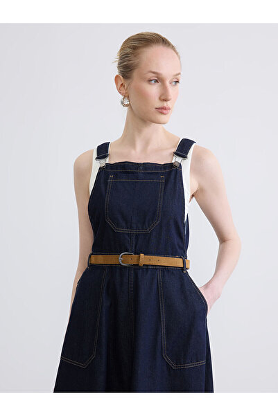LC Waikiki Lcwaikiki Classic Indigo Square Neck Belted Jean Salopet Dress wit...