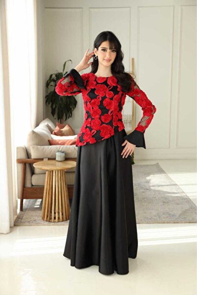 007 Women's dress with 3D floral embroidery and long sleeves