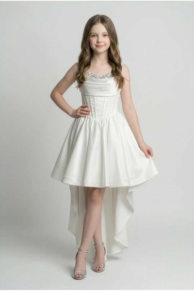 SIRRI Kız Çocuk Beyaz Saten Kuyruklu Abiye 10-15 Yaş