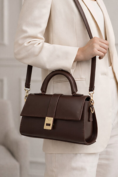 LikeMoon Kadın Mini Kahverengi Çanta Sert Formlu Gold Aksesuarlı El & Omuz Ça...