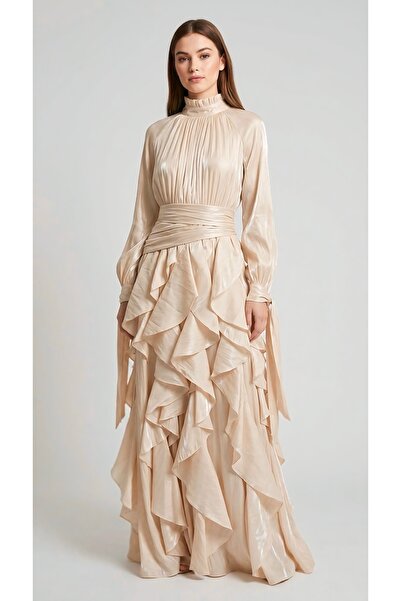 Rabiossa Kadın Fırfır Detaylı Saten Maxi Elbise