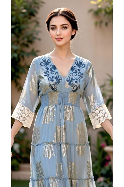 Rabiossa Kadın Altın Işıltılı Bohem Dantel Elbise