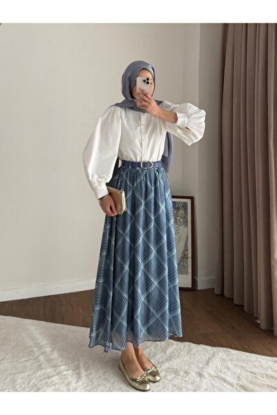 Miraydın Butik Patterned and Belt Piece Chiffon Skirts - Blue