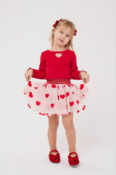 sobekidstore Girl's Heart Patterned Skirt Suit Red Festive Suit