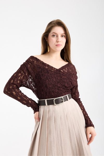 sumoda kadın Kruvaze Büzgülü Likralı Dantelli Bluz