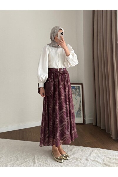 Miraydın Butik Patterned and Belt Piece Chiffon Skirt - Burgundy