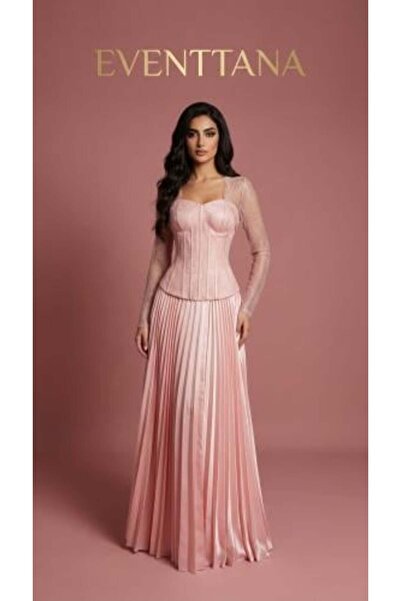 EVENTTANA Peach pleated dress with Lace jacket