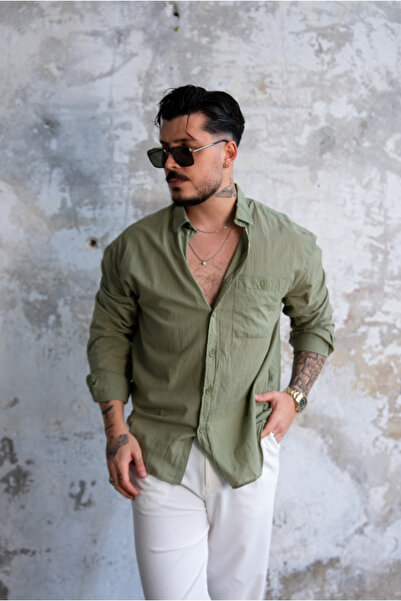 OUTFİT MAN Cep Nakış Detaylı İnce Dokulu Gömlek Yeşil