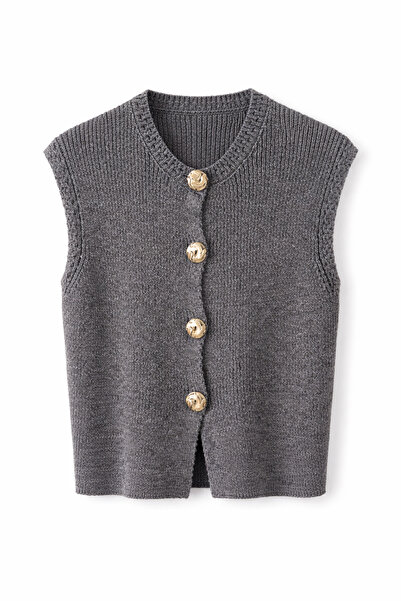 HAZELANNA Siva pletena odjeća sa zlatnim dugmićima Prsluk