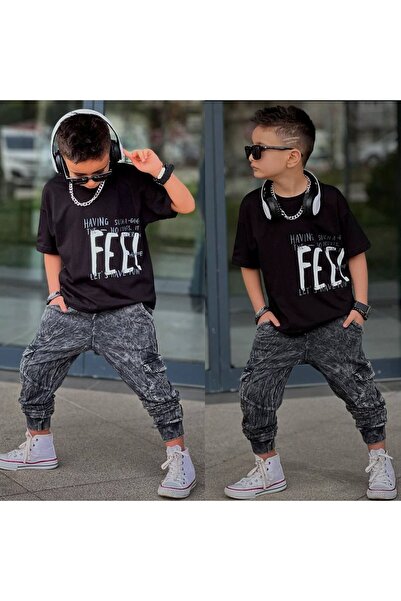 sinmm Boy's Hem Detail Top and Bottom 2-Piece Set (Black)