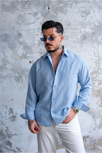 OUTFİT MAN İnce Dökümlü Oversize Gömlek Bebe Mavisi
