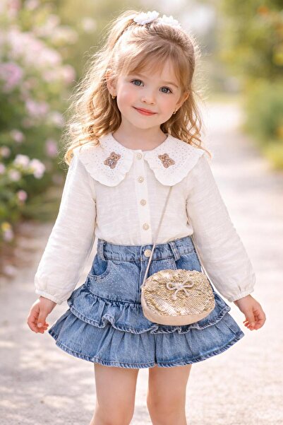 Cumino Kız Bebek Ayıcıklı Gömlek Fırfırlı Jean Etekli Takım Çantalı Kombin