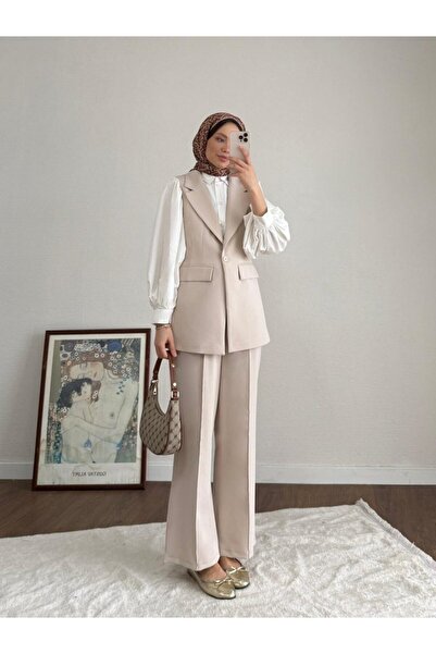 Miraydın Butik Double Fabric Single Button Vest and Trousers Set - Beige