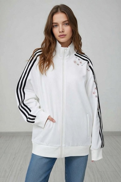 Köstebek Sakura Embroidered Trendy Zippered Streetwear Cardigan