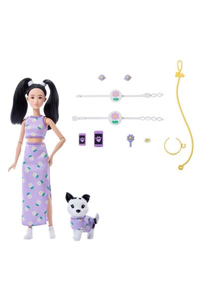 Barbie Uyumlu Dostlar Siyah Saçlı Bebek ve Köpekçiği JFP39