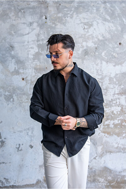 OUTFİT MAN İnce Dökümlü Oversize Gömlek Siyah