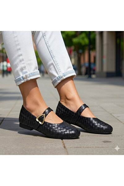 ALMİNA Knitting Series Heart Buckled Mary Janes Ballet Flats