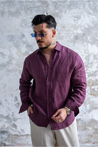 OUTFİT MAN Ακατέργαστο λινό πουκάμισο oversized σε μπορντό χρώμα