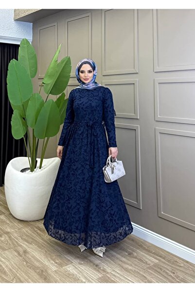 ALLİNOFFİCİAL Kuşaklı Flok Desen Elbise Lacivert