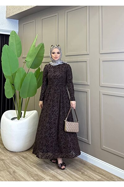 ALLİNOFFİCİAL Kuşaklı Flok Desen Elbise Kahverengi