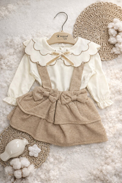 ASLİN STORE Çiçek Yaka Detaylı Kız Bebek 2 li Salopet Fiyonklu Takım