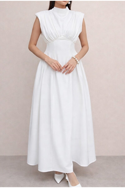 Dilek Vardar White Mock Neck Padded Shoulders Draped Backless Long Dress with...
