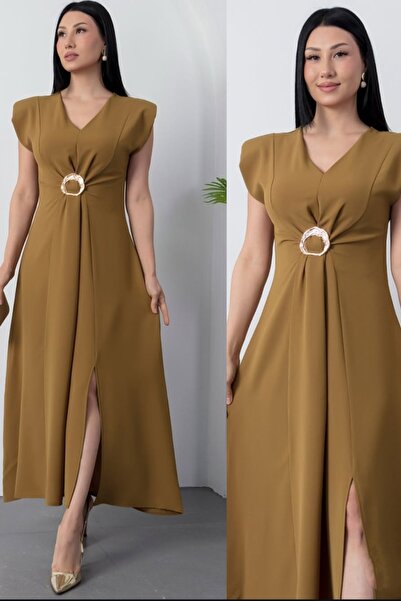 Safgiyim44 V-Neck Waist Buckled Slit Dress