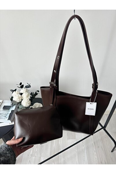 sora bags Kahverengi Velora Tote Omuz Çantası – Makyaj Çantalı Set