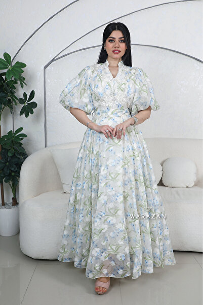 Warazan Long floral dress in two colors, purple and sky blue, for Eid