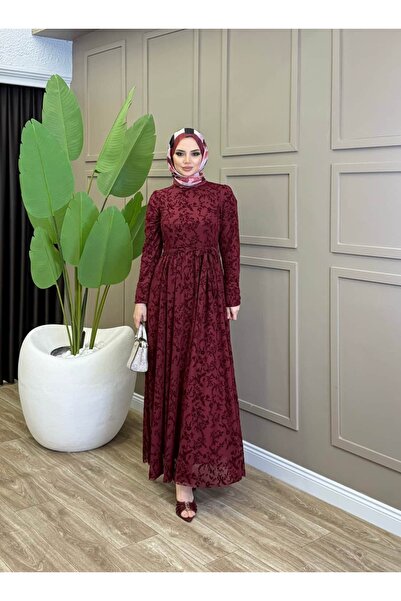 ALLİNOFFİCİAL Kuşaklı Flok Desen Elbise Bordo