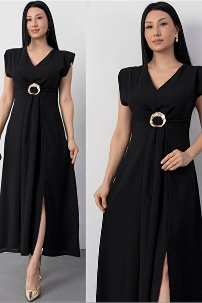 Safgiyim44 V-Neck Waist Buckled Slit Dress