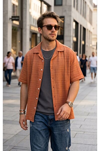 VEZİR MODA Erkek Keten Oversize Gömlek Kısa Kollu Düğmeli Salaş Yazlık Spor G...