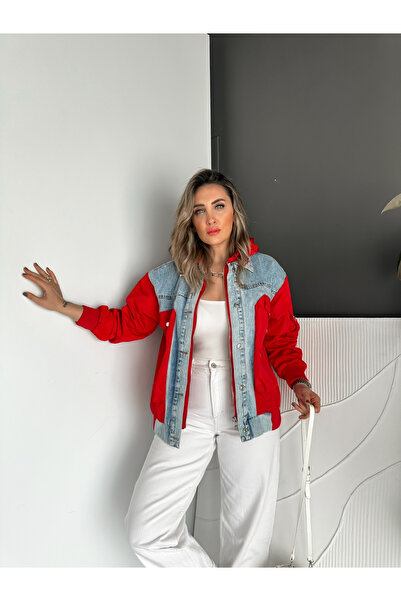 Zerrincan Giyim Kırmızı Kot Parçalı Kapşonlu Tasarım Ceket