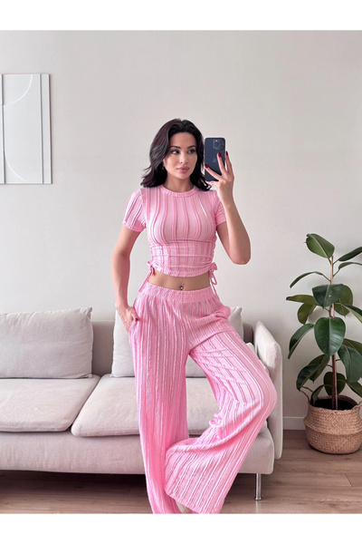Zoom Butik Yan Büzgü Pantolon Takım - PEMBE
